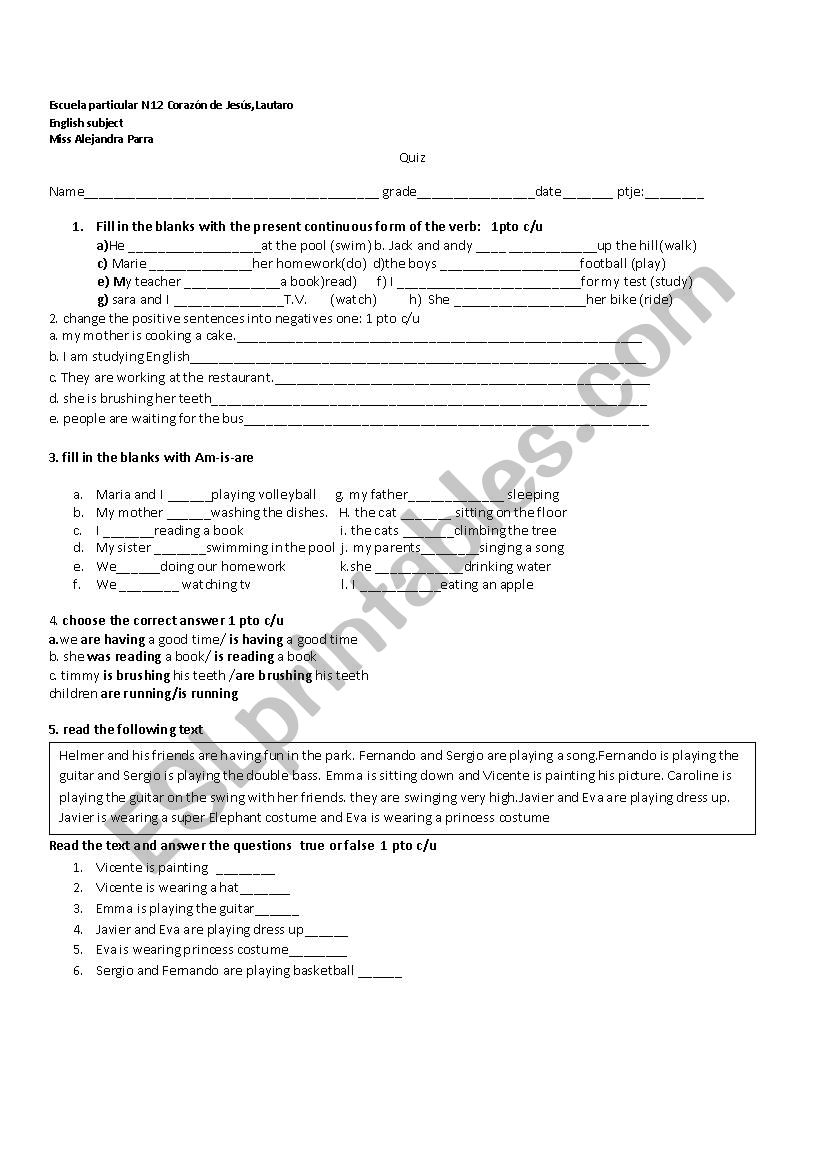 quiz present continuous  worksheet