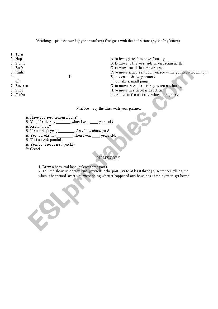 Actions and body parts worksheet