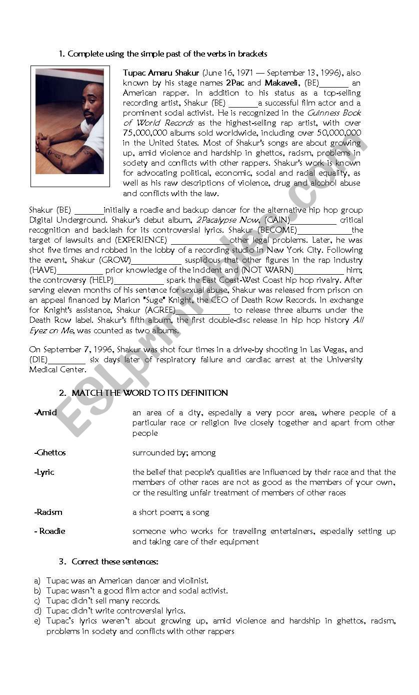 Biography of Tupac worksheet