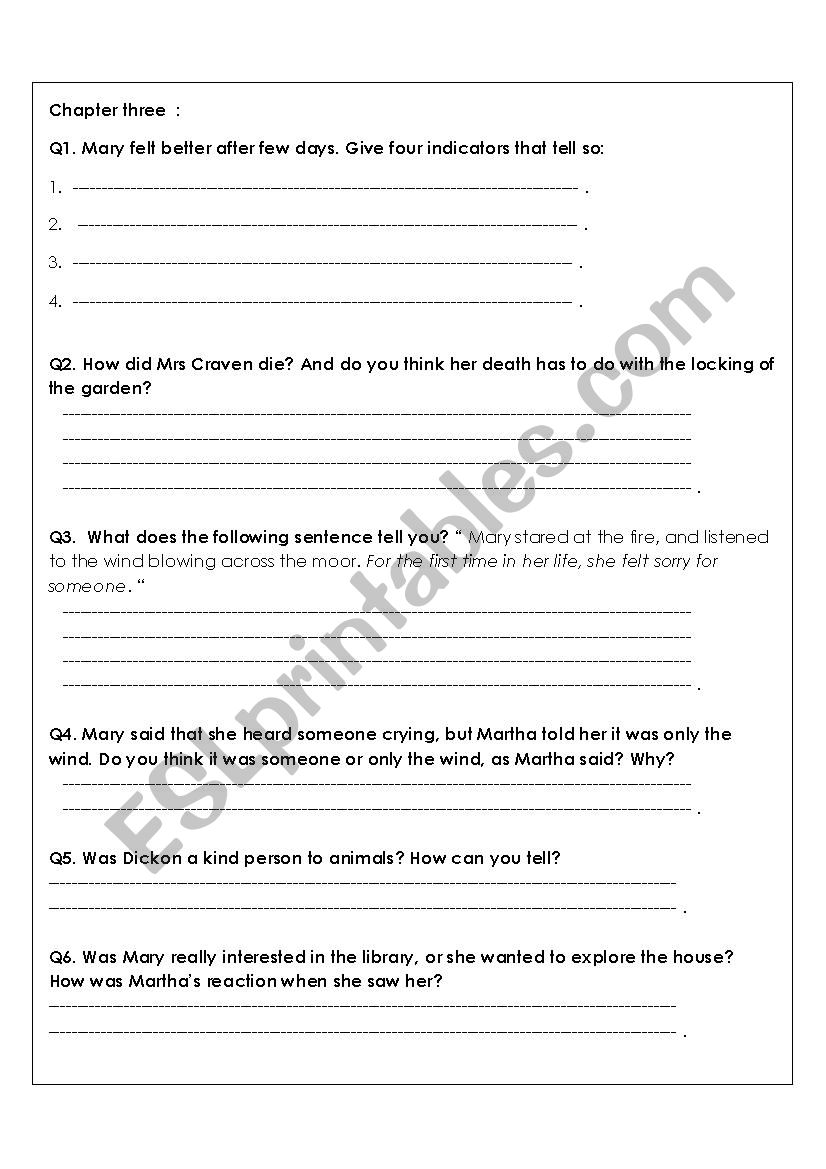 The Secret Garden chapter 3 worksheet