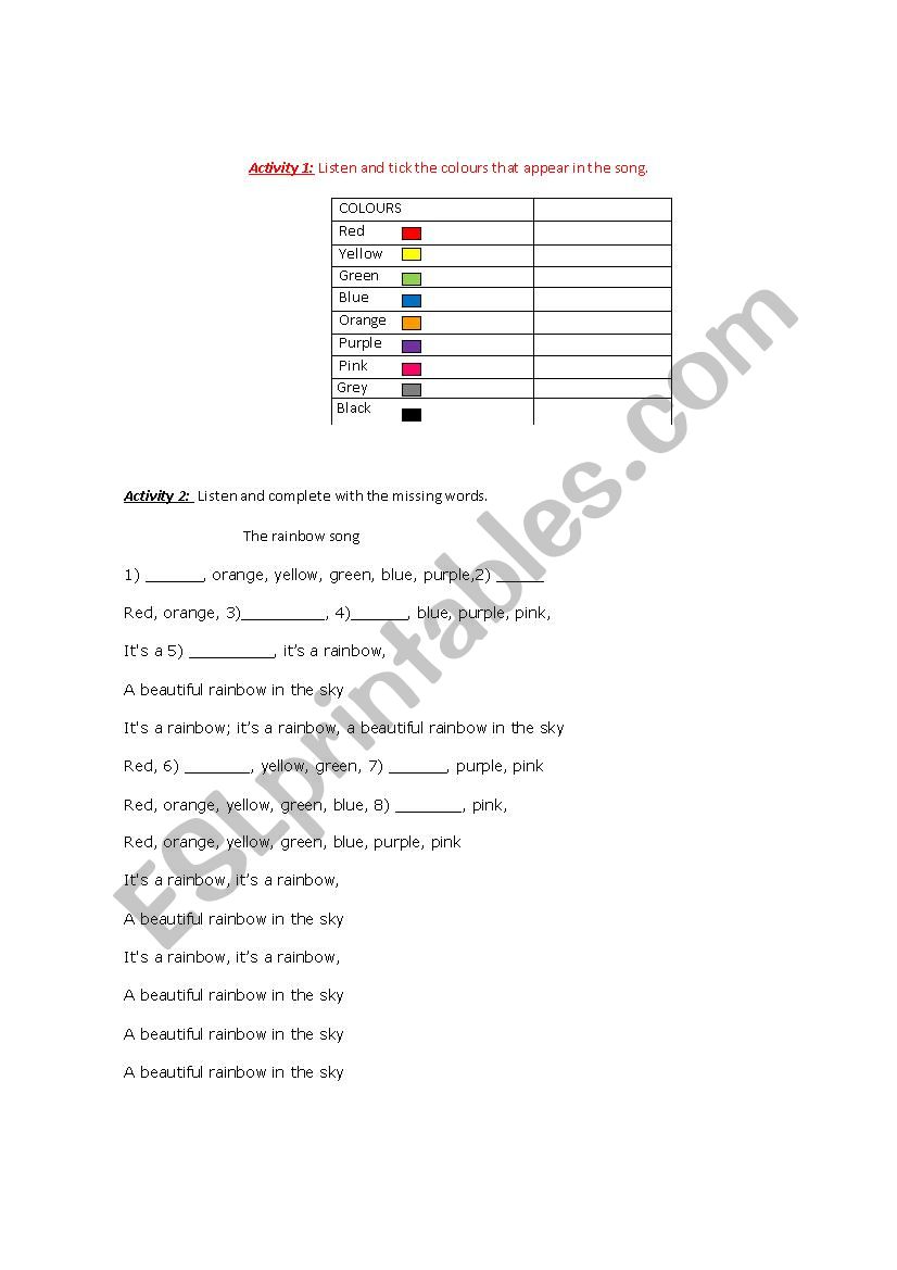  Colours activity worksheet