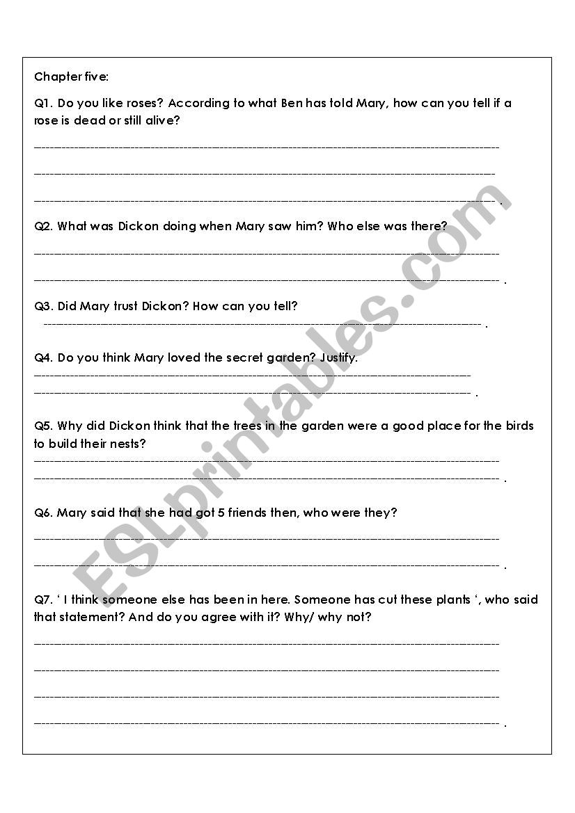 The Secret Garden chapter 5 worksheet