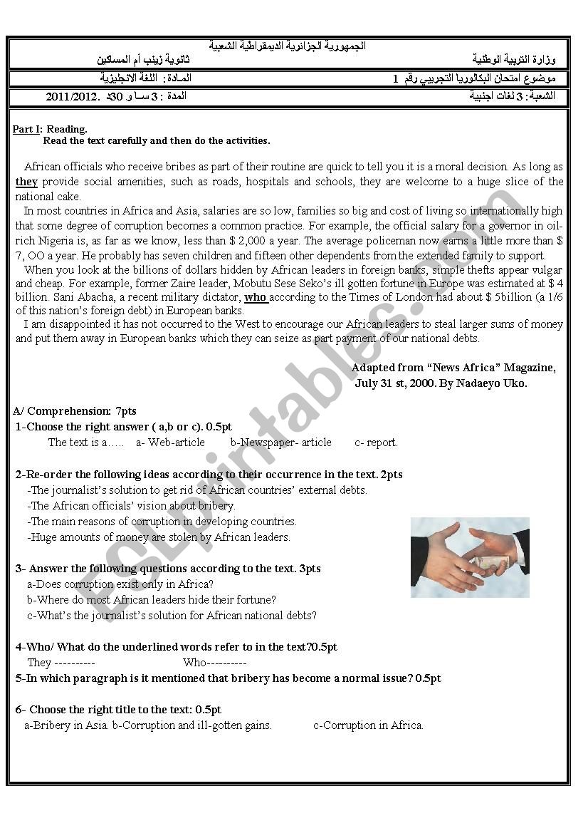 A BAC  exam for foreigh languages pupils in relation to Ethics in business, itÂ´s about the African offcials.