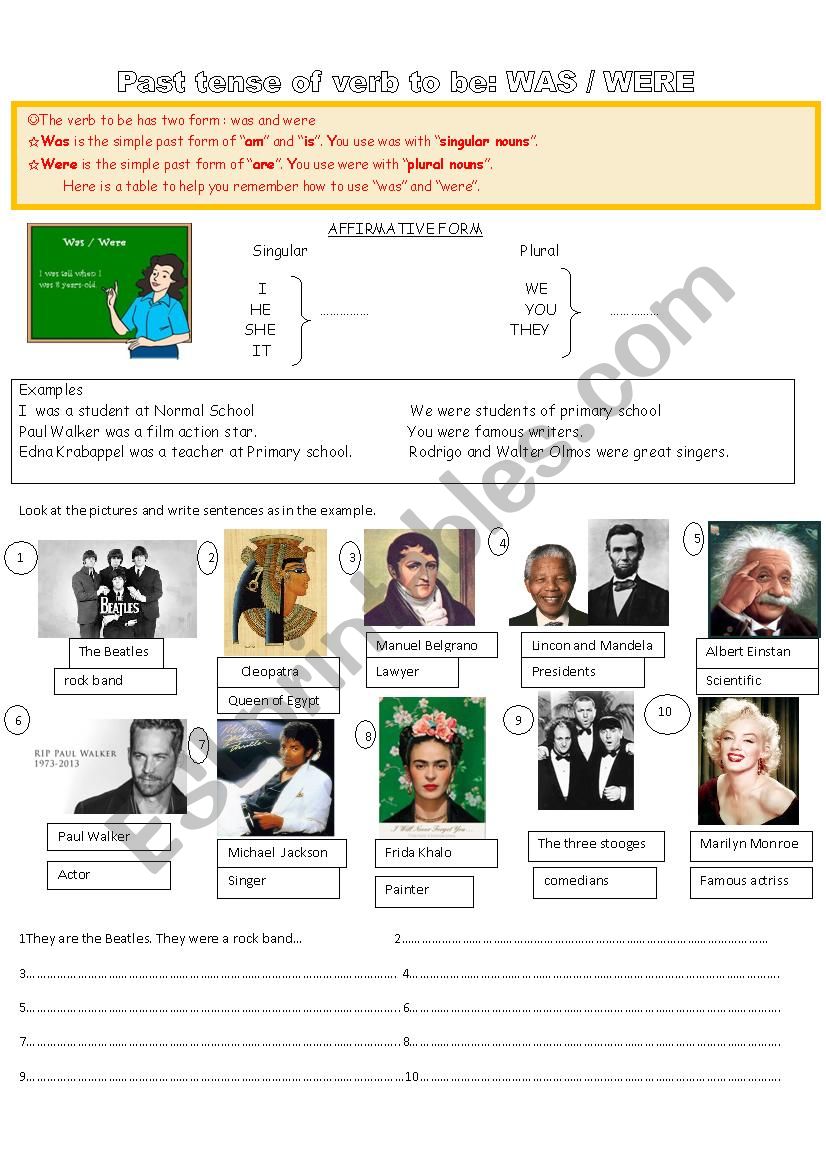 PAST TENSE OF VERB TO BE AFFIRMATIVE FORM