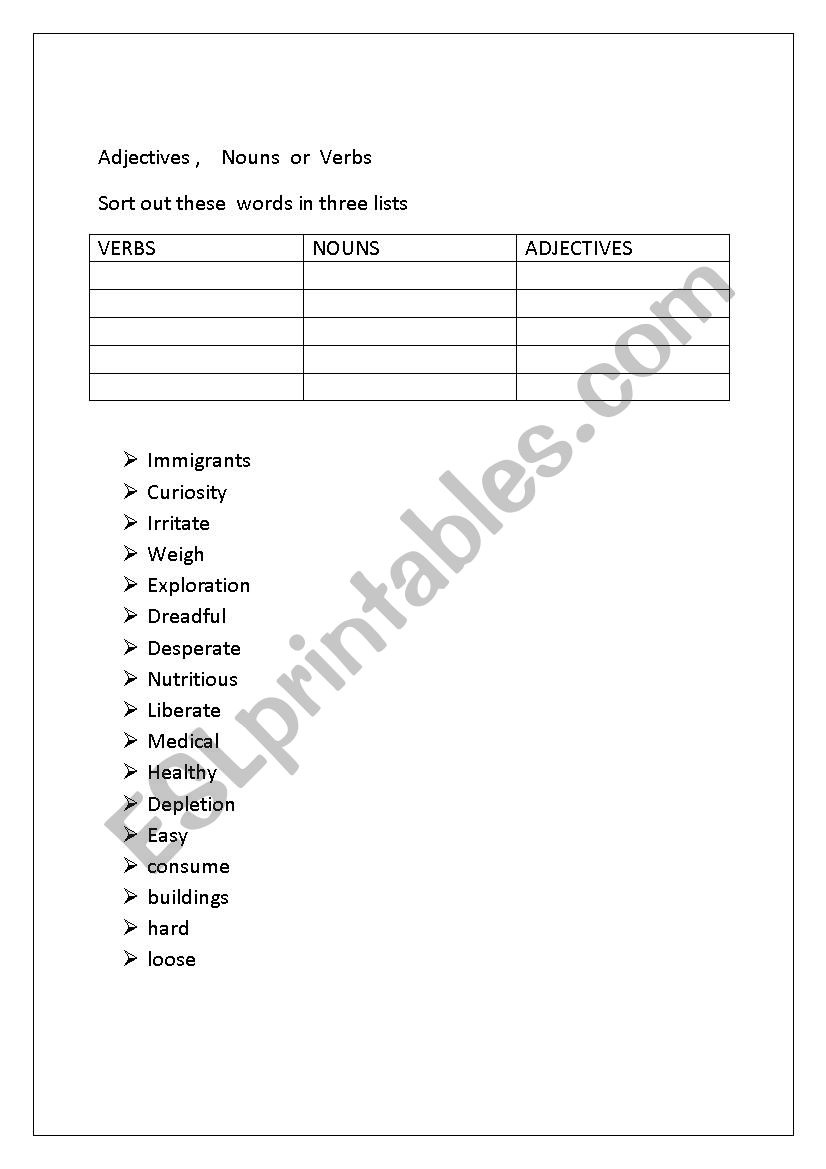 verbs nouns or adjectives worksheet