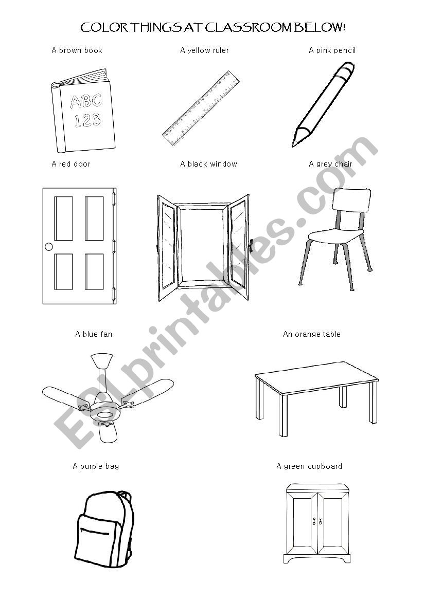 Coloring things at classroom worksheet