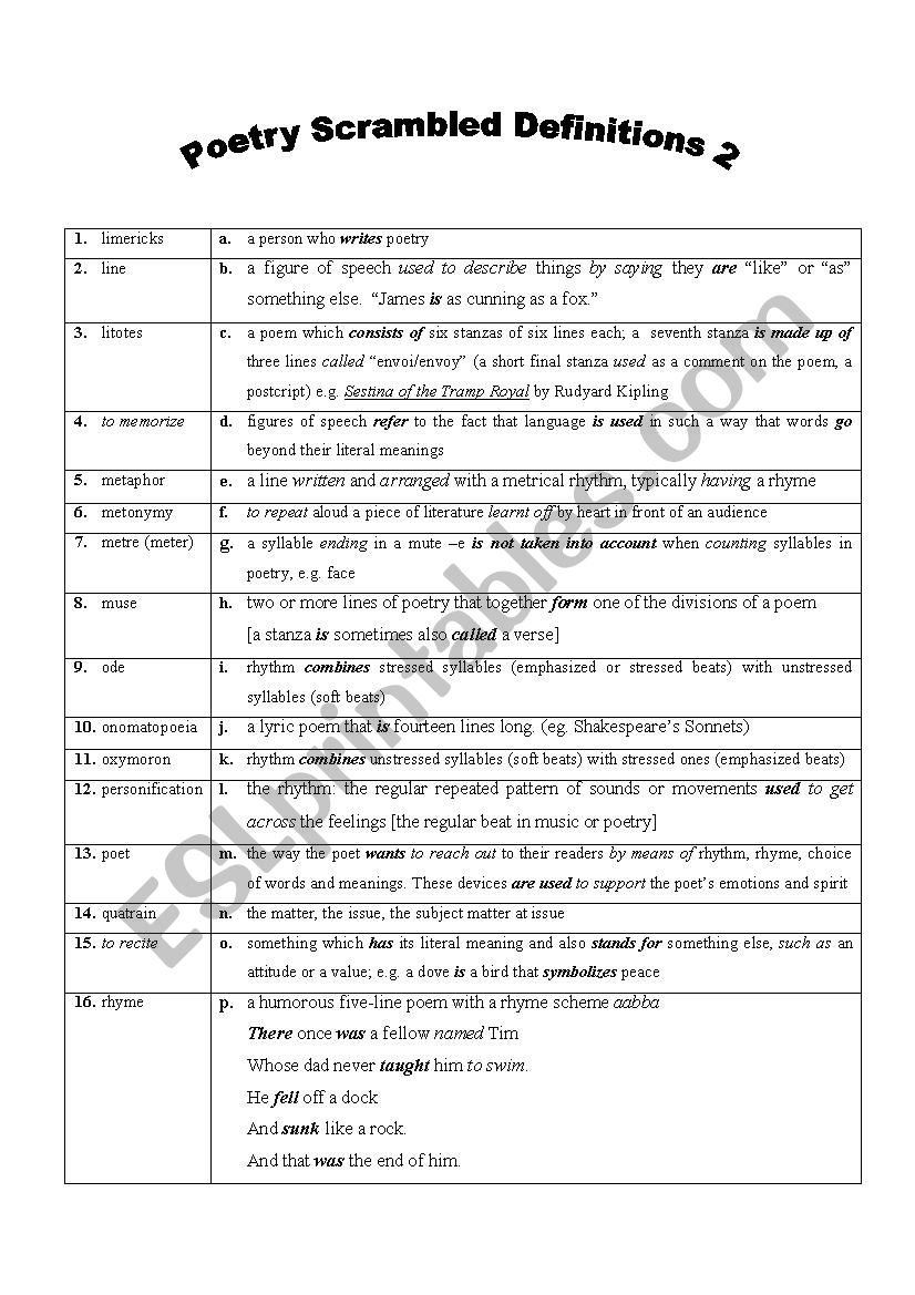 POETRY MATCHING CONCEPTS AND DEFINITIONS 2 WITH KEY