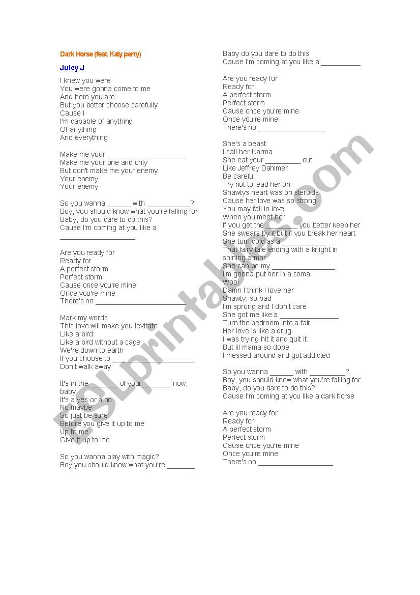 song activity dark horse worksheet