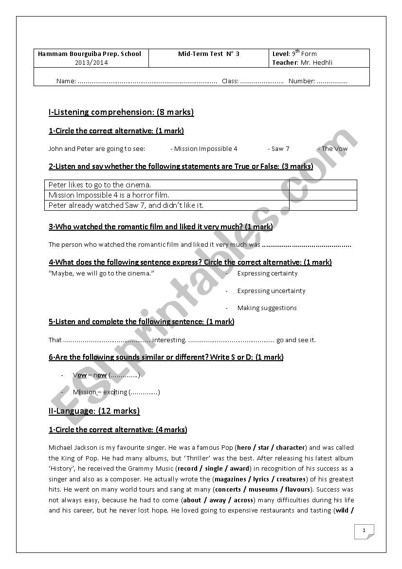 Mid-term Test N 3 9th Form (Version 2)