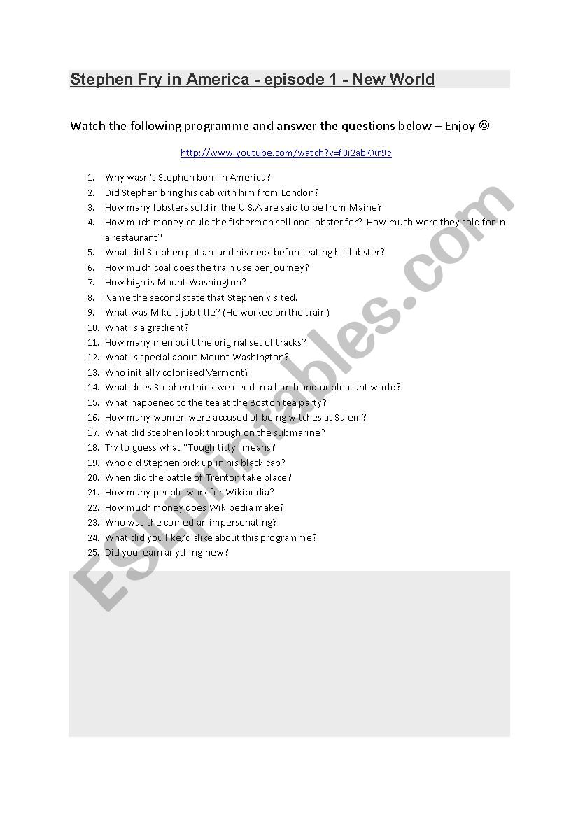 Stephen Fry in America - Episode 1 -  Comprehension questions with answers.