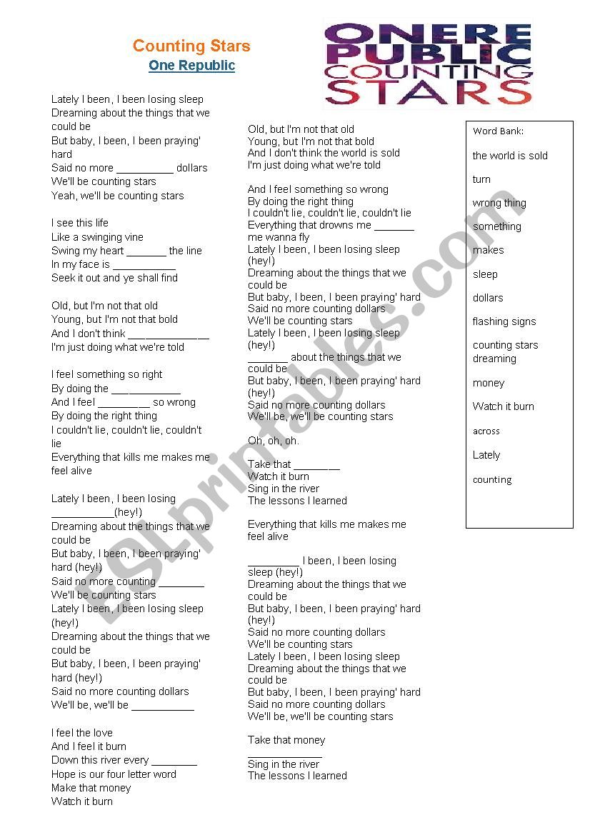 Counting Stars OneRepublic worksheet