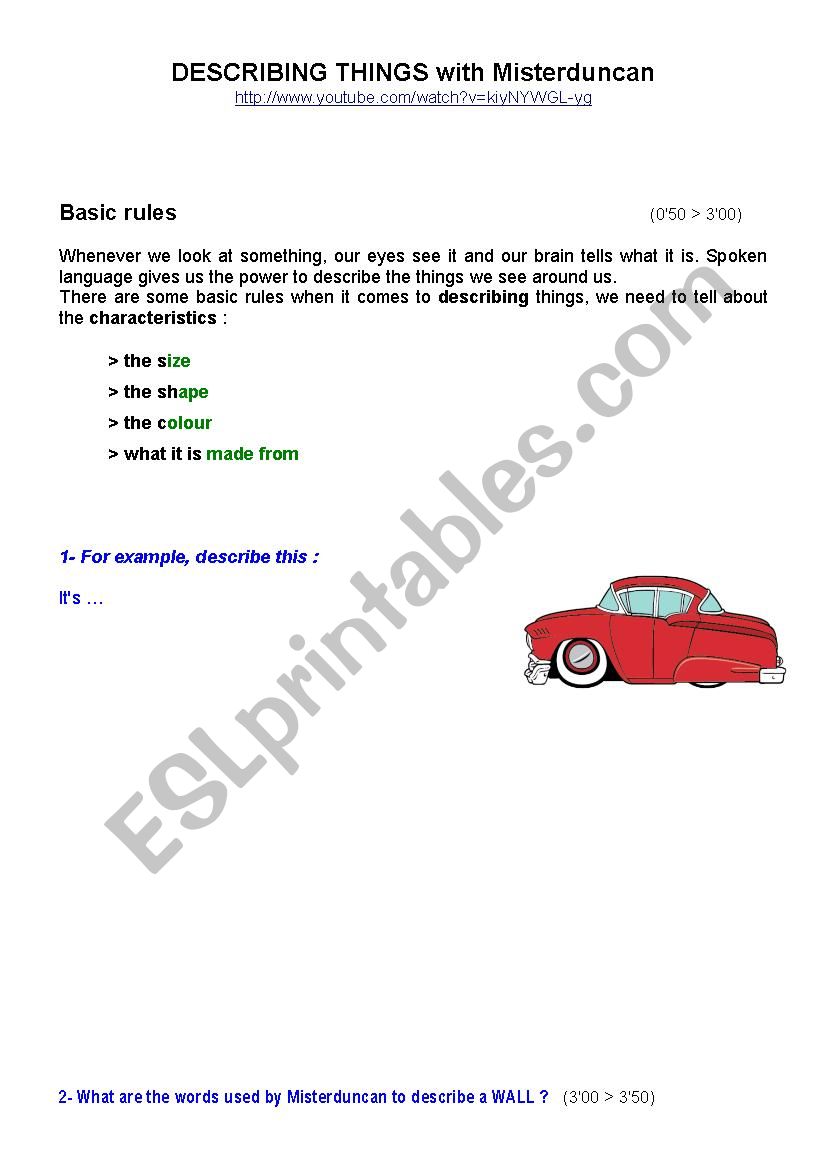 Describing things 1/2 worksheet