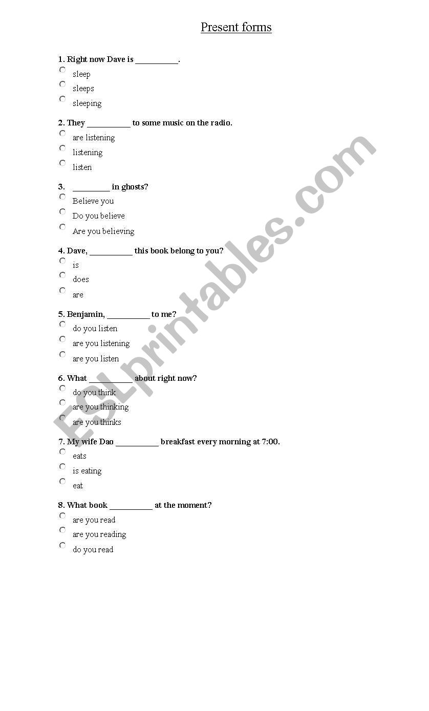 Present Tense worksheet