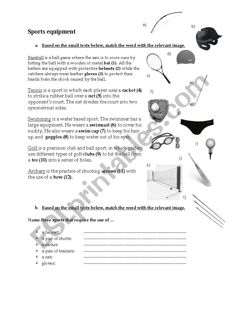 Sports equipment worksheet