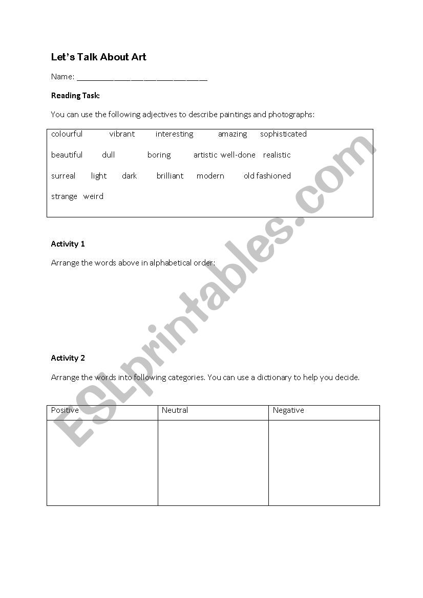 Lets talk about art worksheet