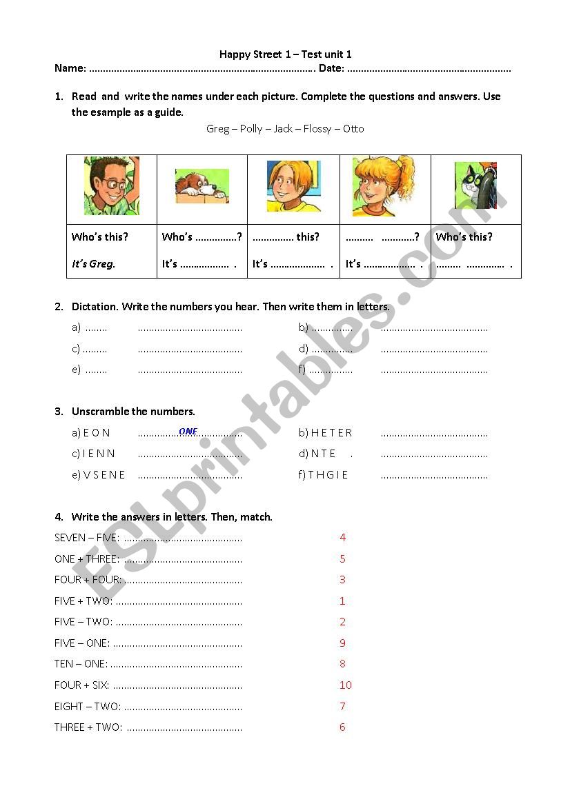 Happy Street 1 - Test unit 1 worksheet