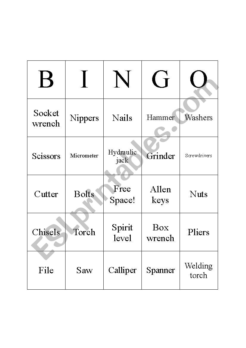 Bingo Cards. Tools worksheet