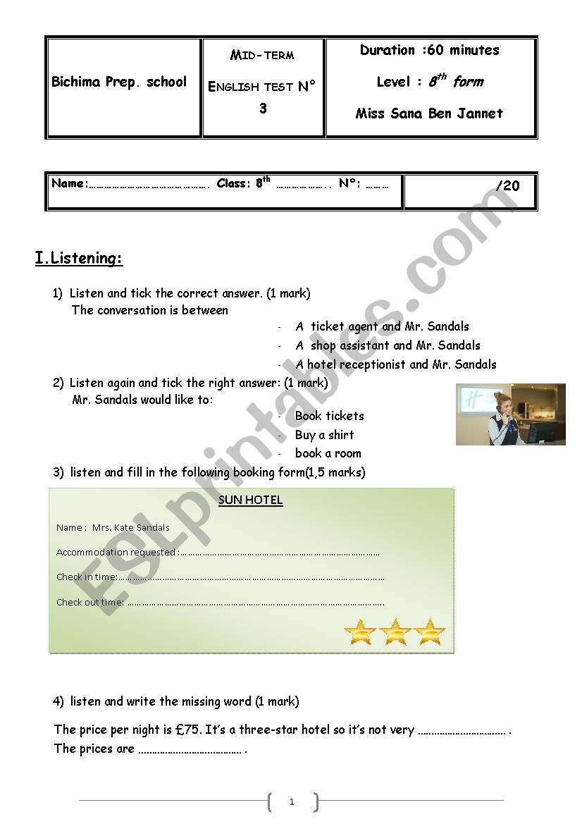 8th form Mid term test 3 worksheet