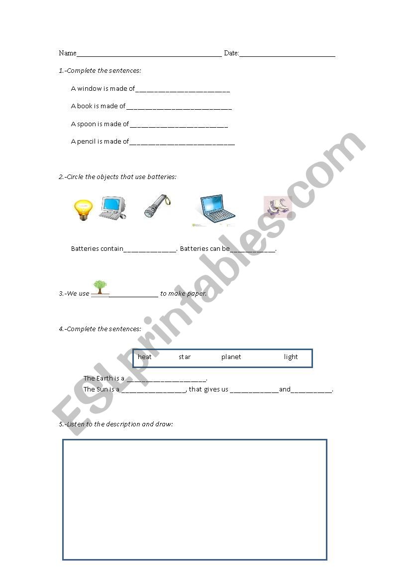 materials and batteries worksheet