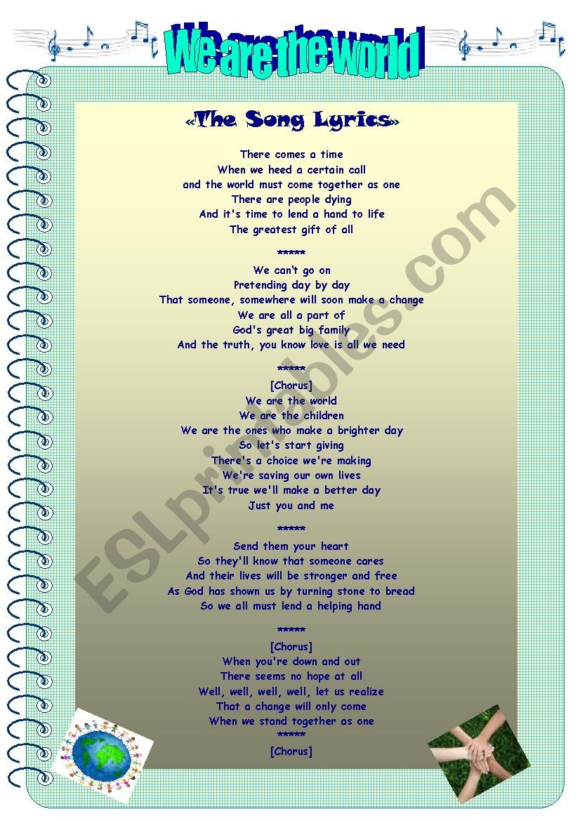 We Are The World Song Worksheets