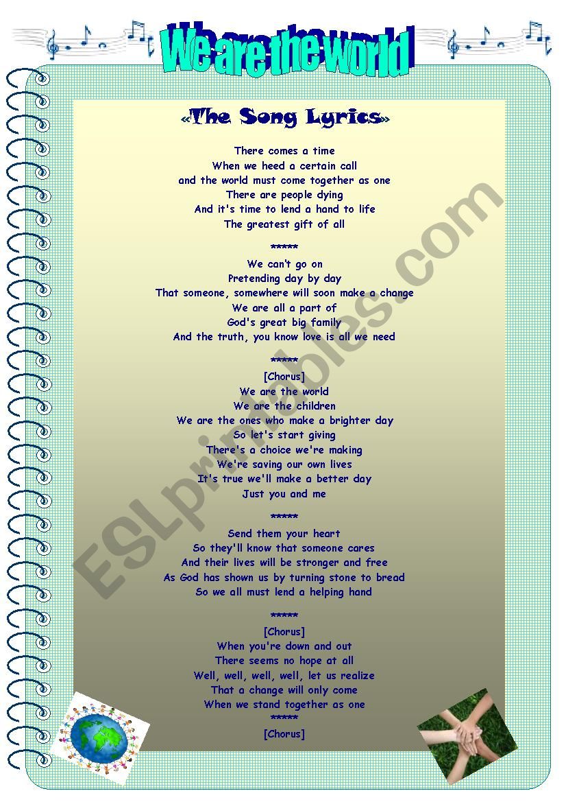 Atividade com a letra da música we are the world