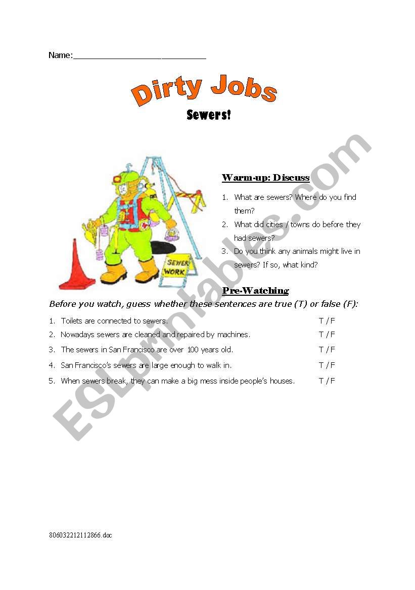 Dirty Jobs / Sewers! worksheet