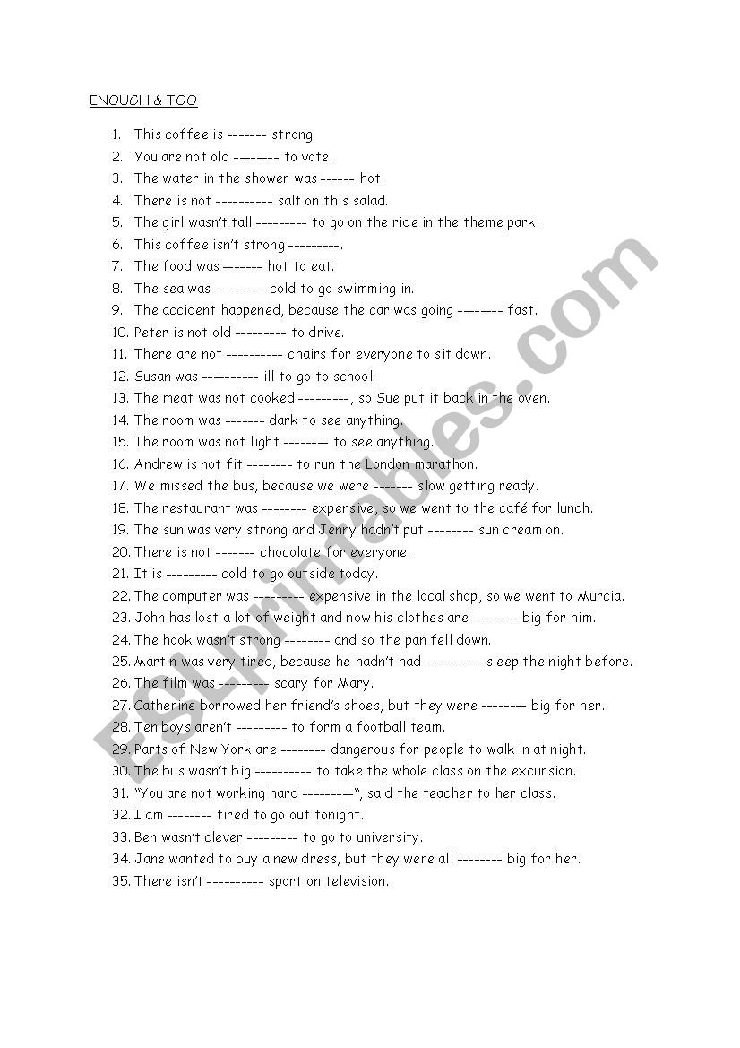 Enough or Too worksheet