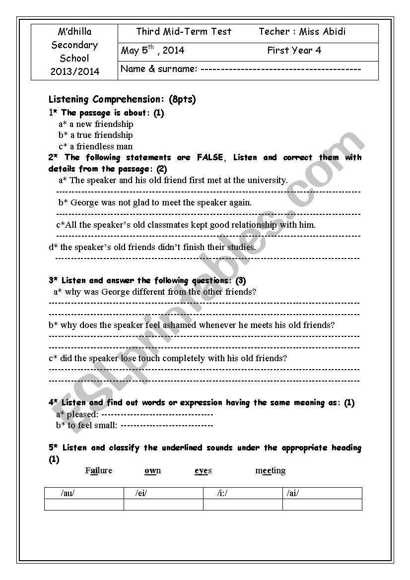 Third Mid-Term Test for First form