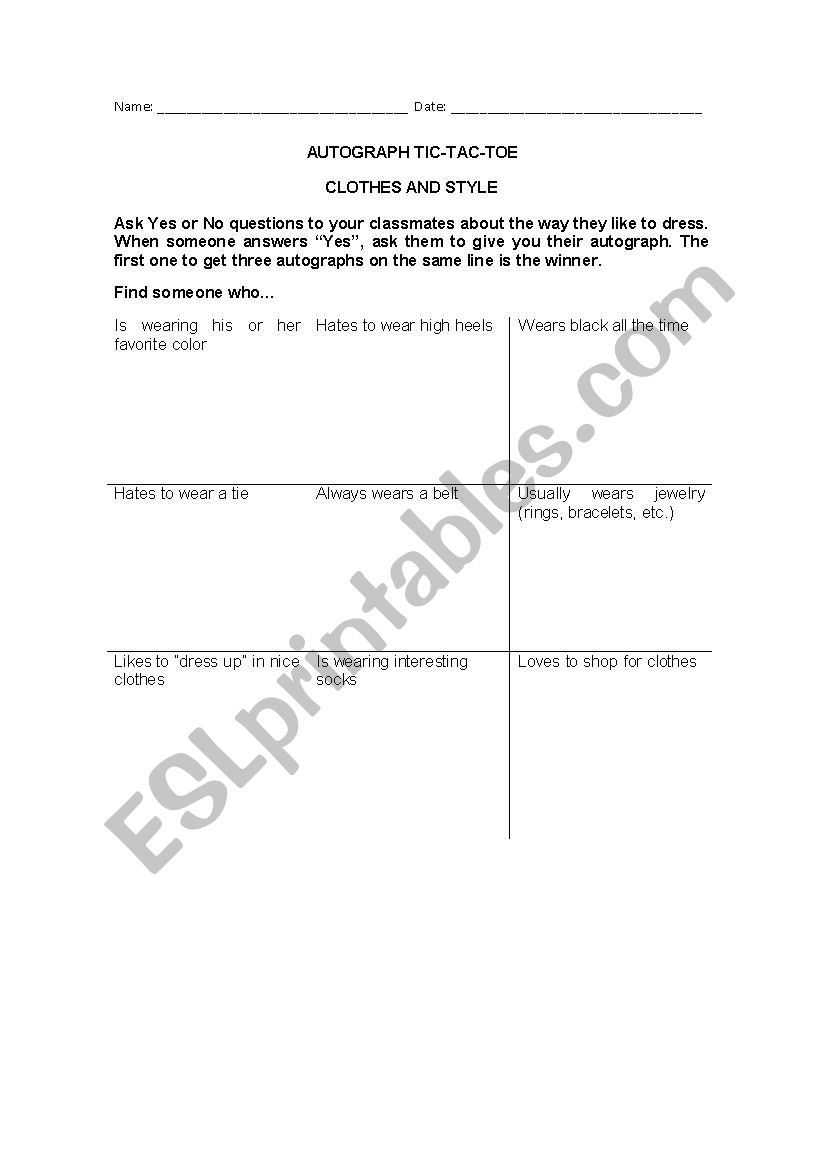 Clothes Tic-tac-toe worksheet