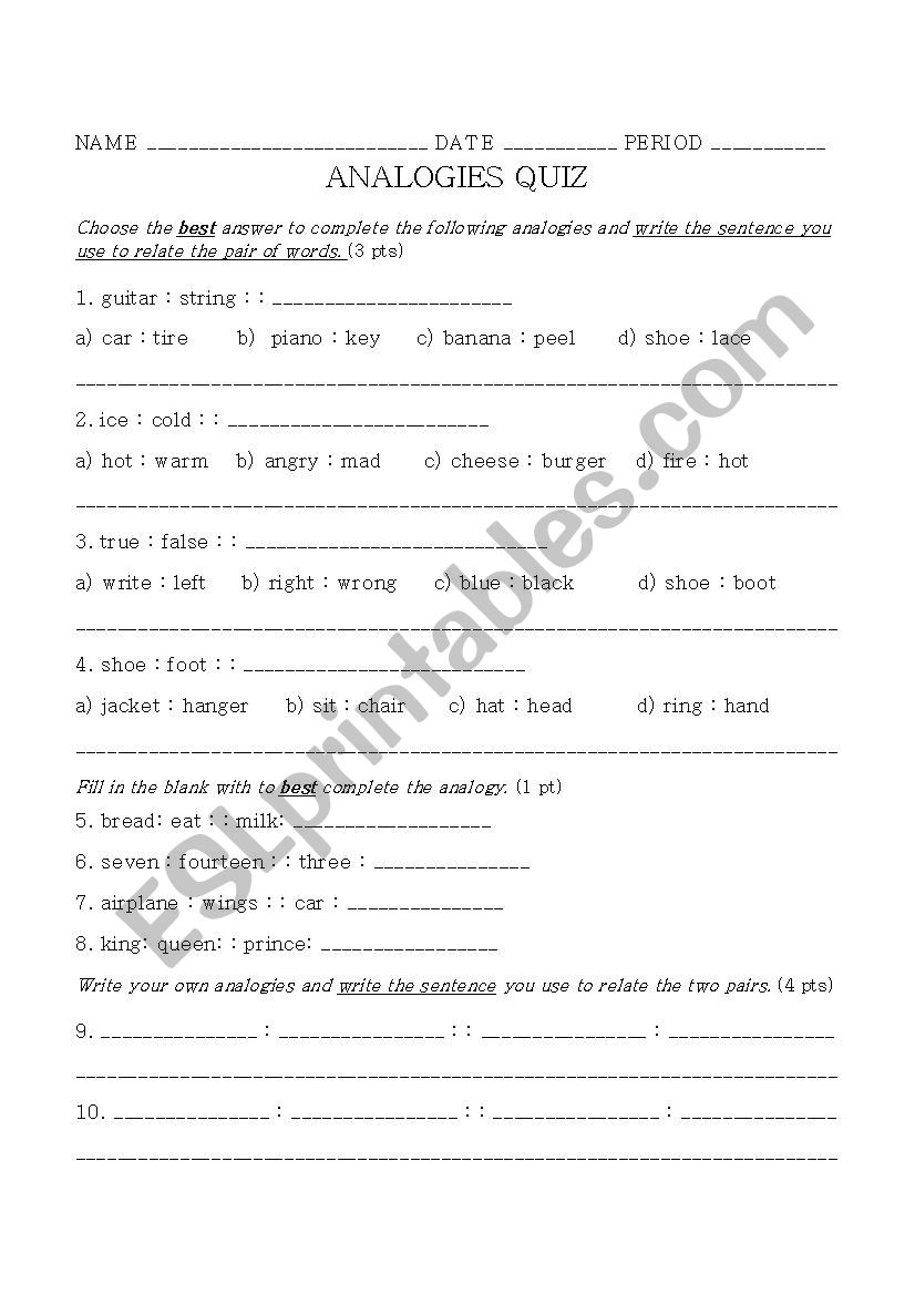 analogy quiz worksheet