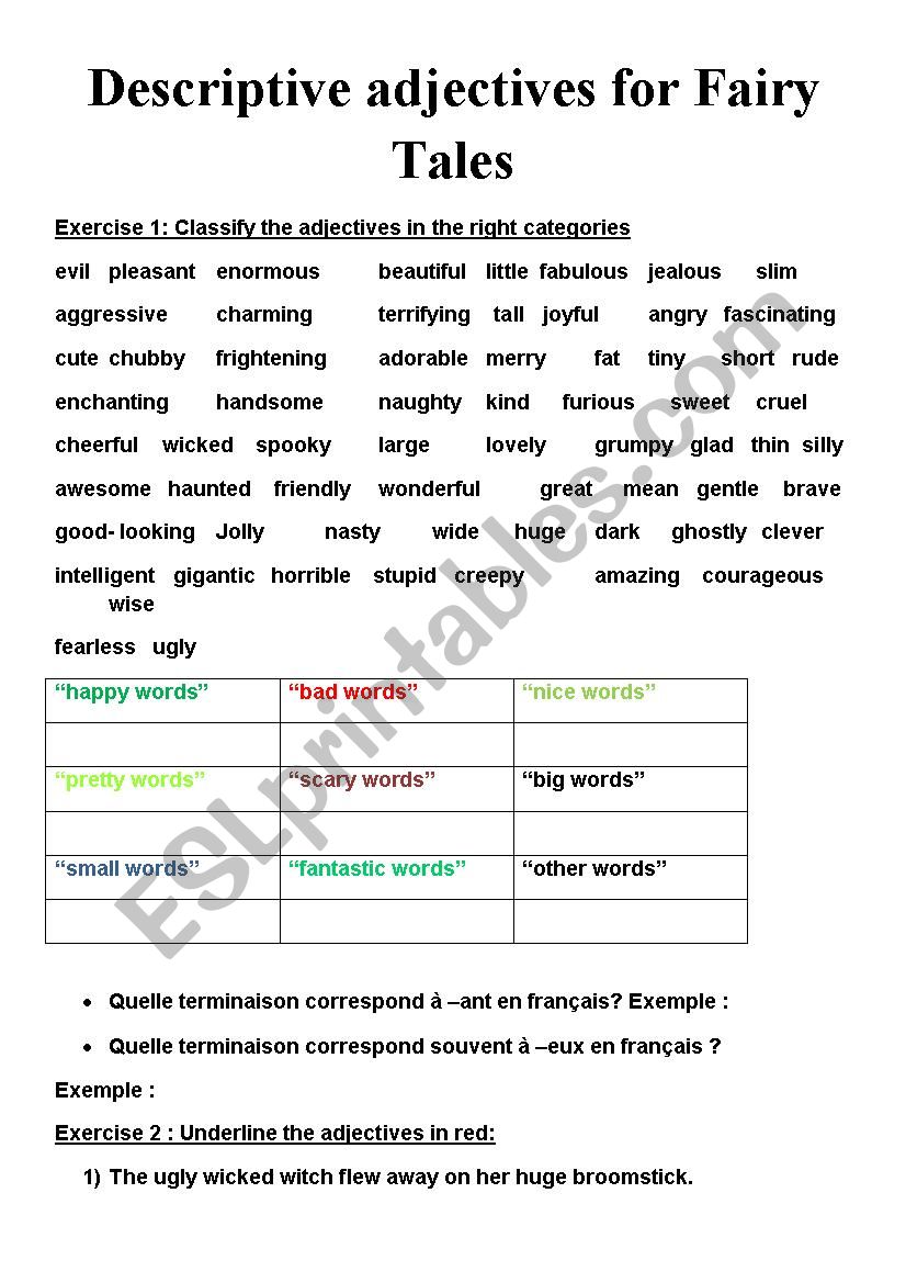 FAIRY TALES DESCRIPTIVE ADJECTIVES