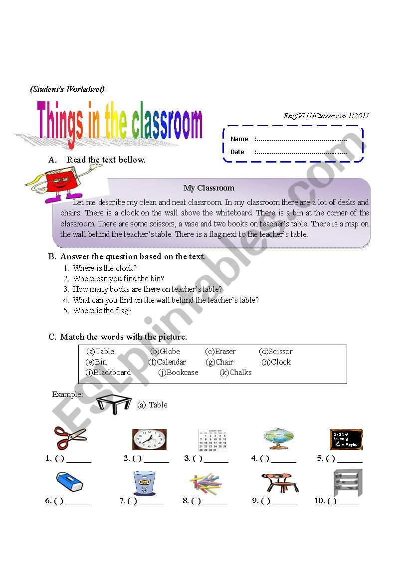 Things in the classroom worksheet