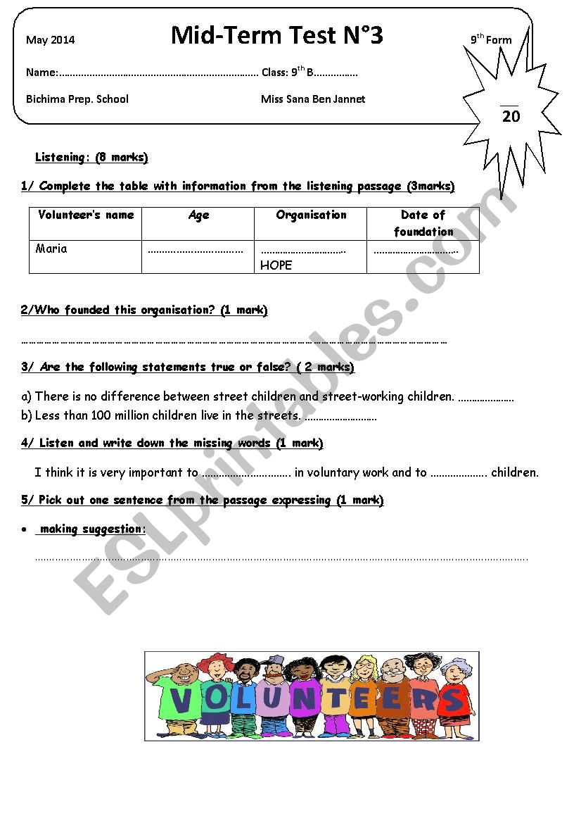 9th form Mid-term test 3 worksheet