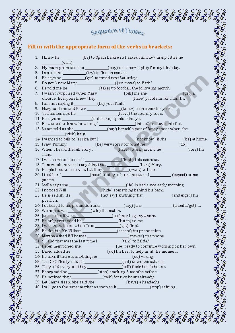 Sequence of Tenses worksheet