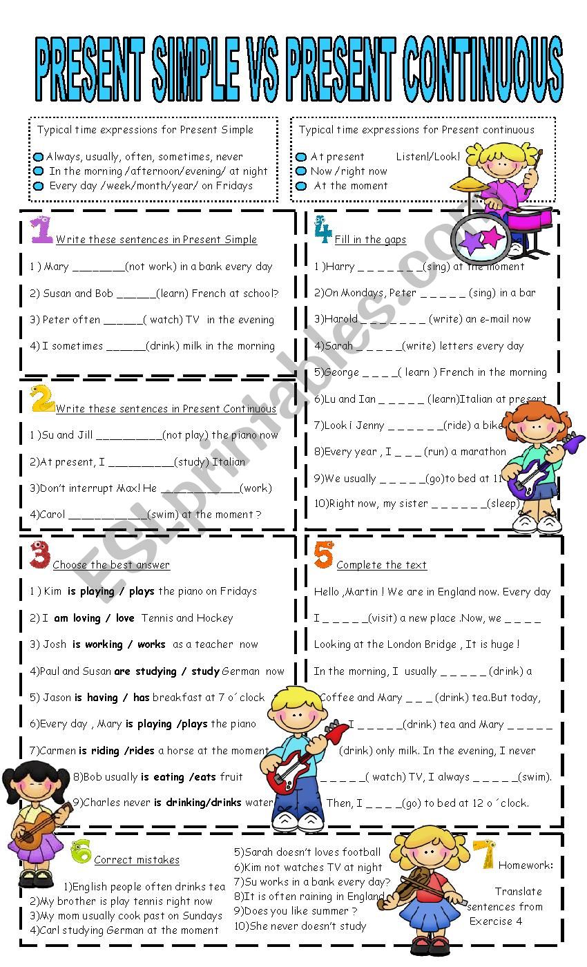 present simple vs present continuous - 7 tasks