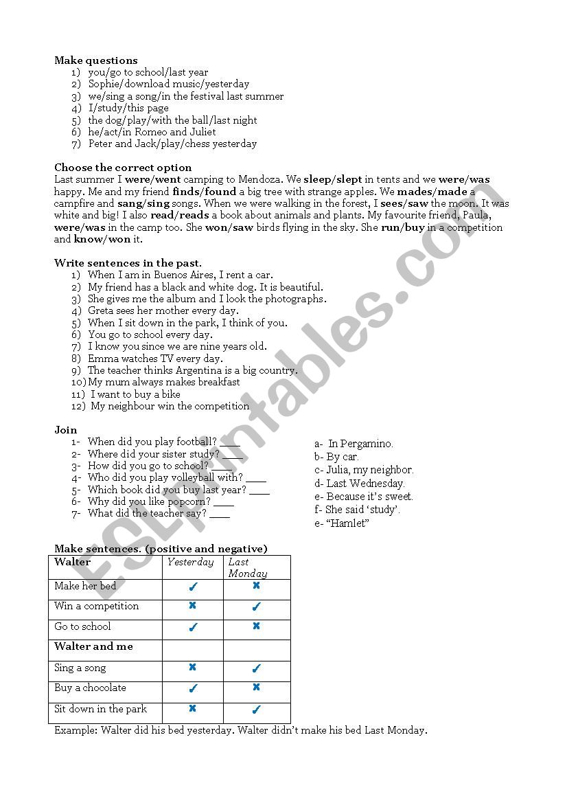 Past verbs worksheet