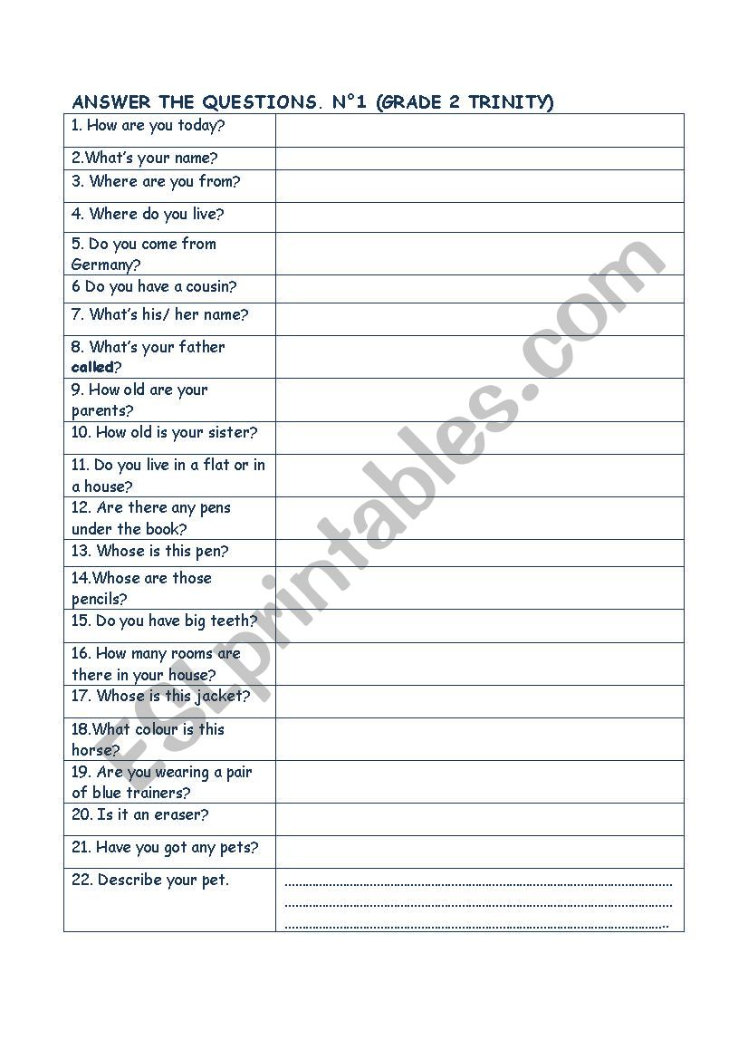 Answer The Question N 1 Grade 2 Trinity Esl Worksheet By Caminia