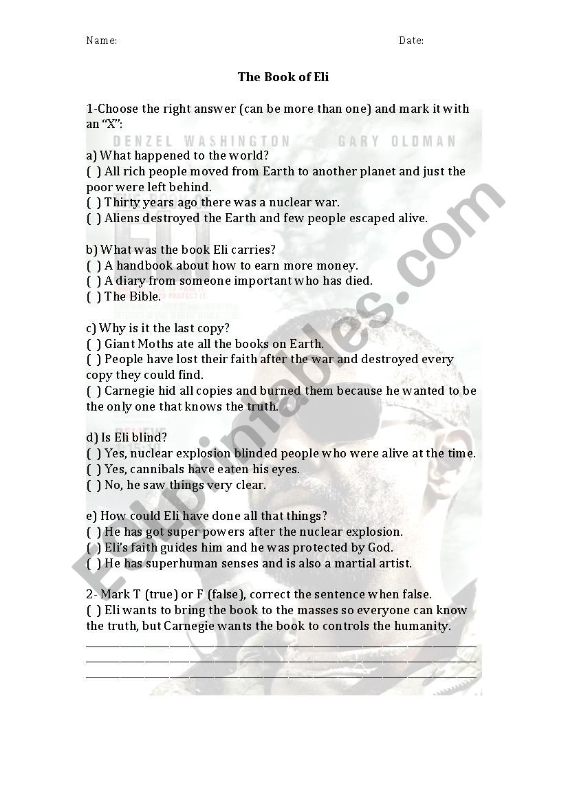 The Book of Eli worksheet