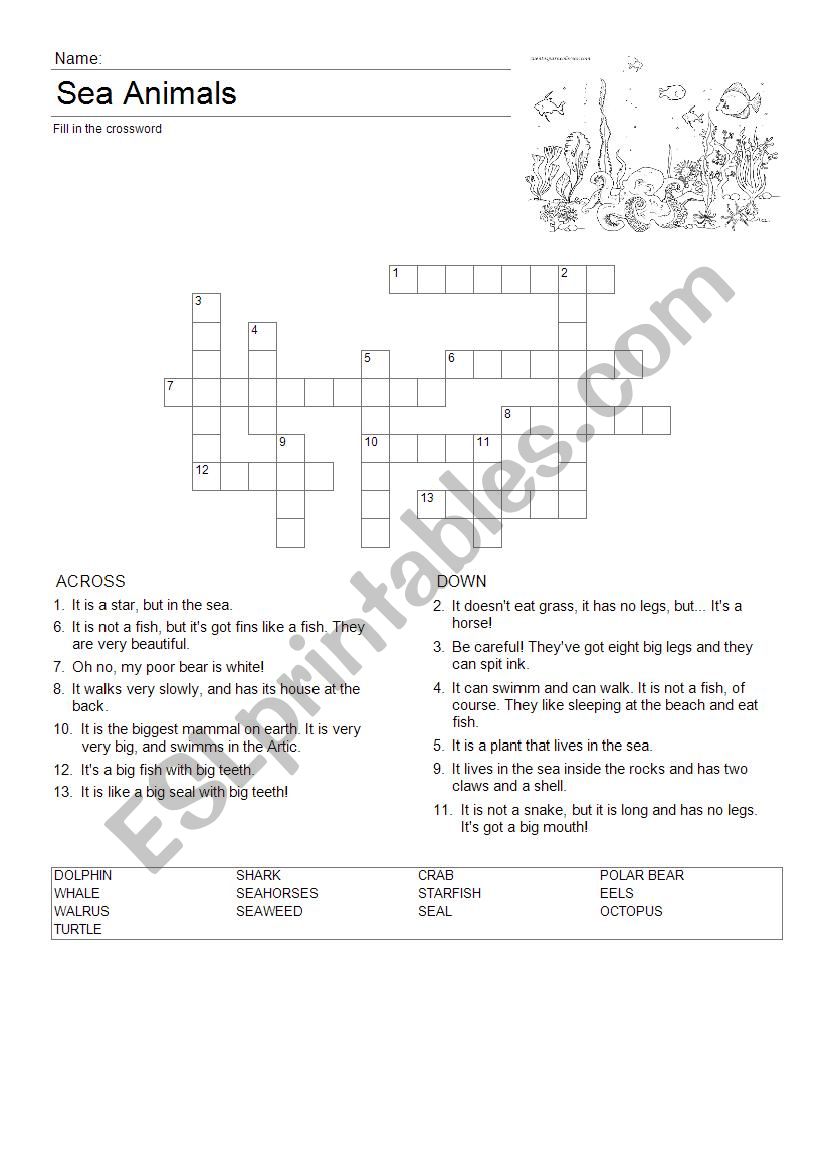 Sea Animals Crossword worksheet