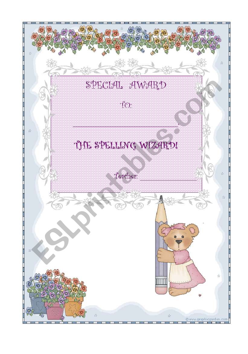 special award - spelling worksheet