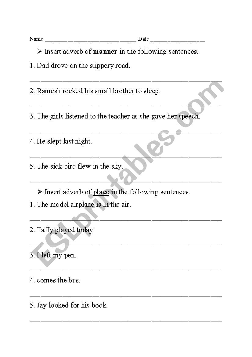 types of adverbs worksheet