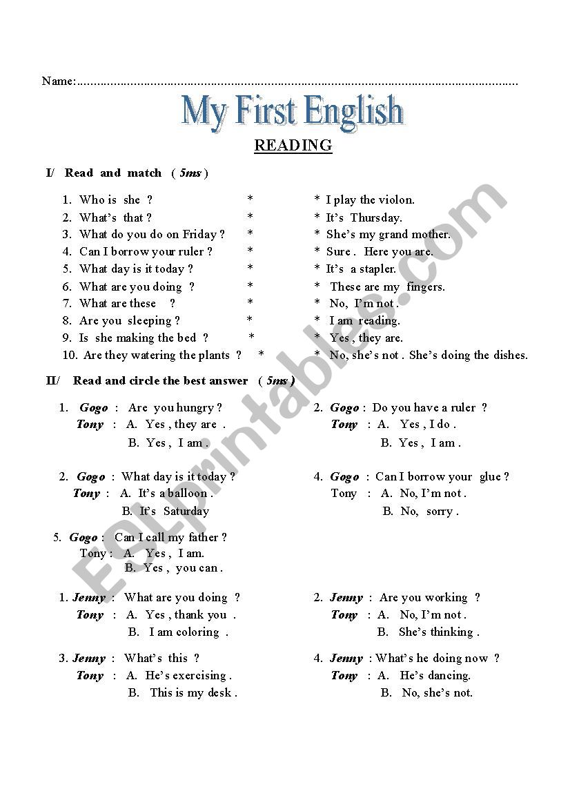 My First English Test worksheet