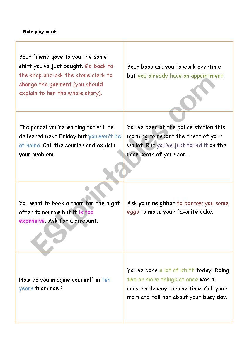 Role play cards worksheet