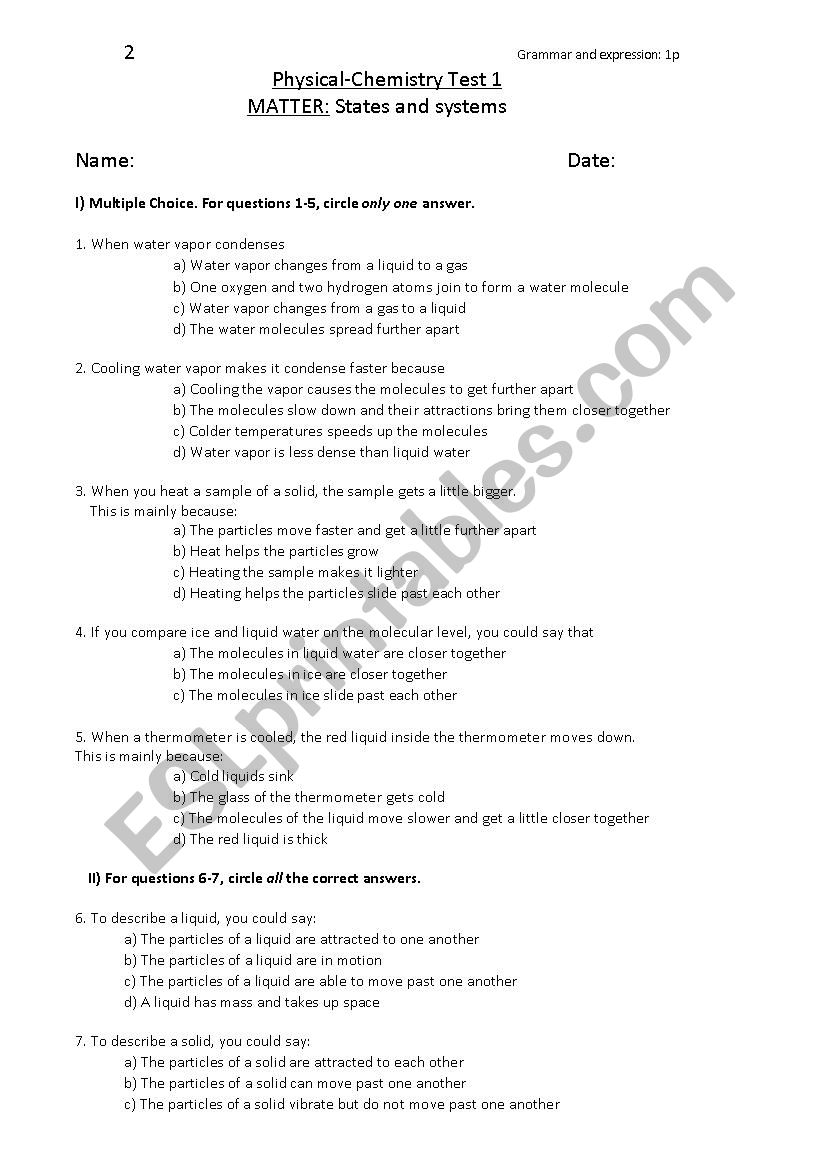 Chemistry Test 2 worksheet