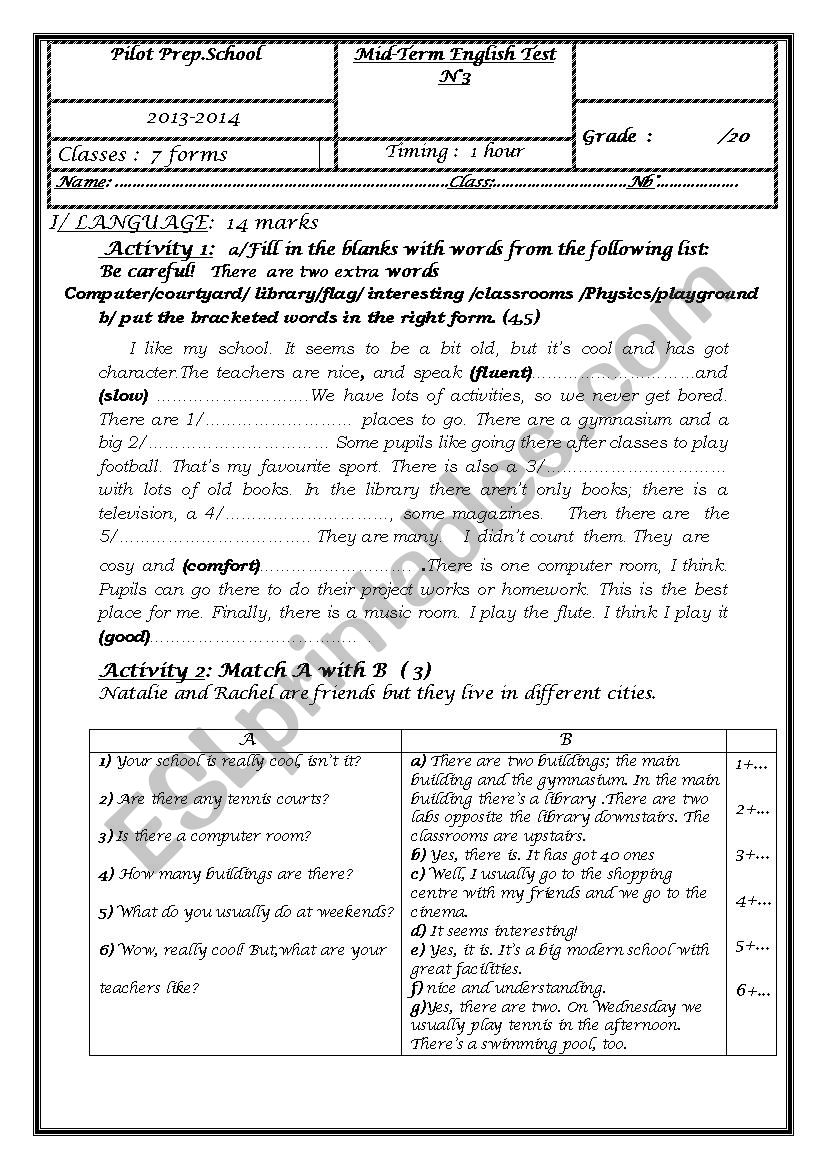 test for 7 th forms Tunisian pupils