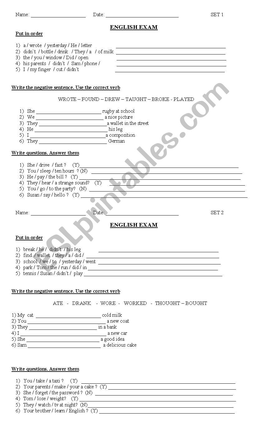 Past simple - exam worksheet