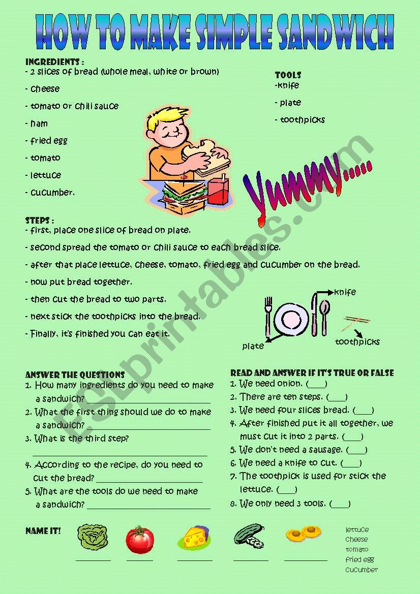 How to make a sandwich worksheet