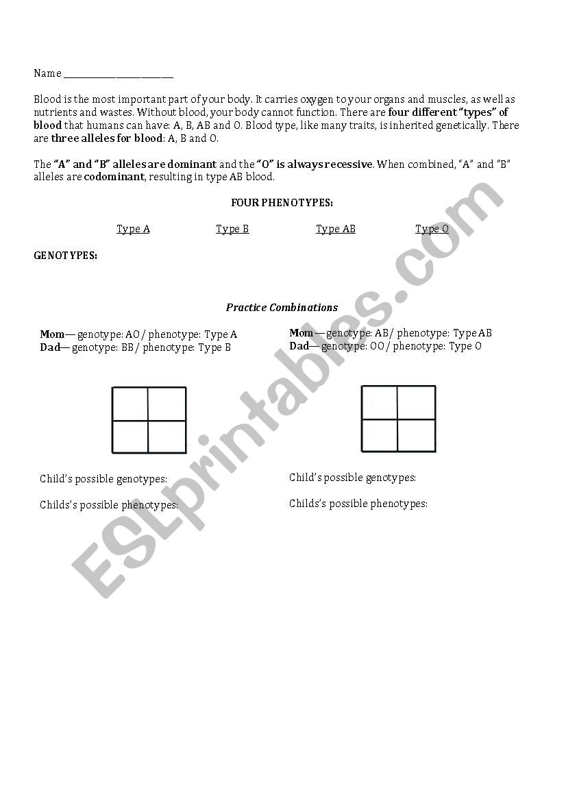 Blood Type Genetics - ESL worksheet by rdiazladh Intended For Genetics Worksheet Middle School