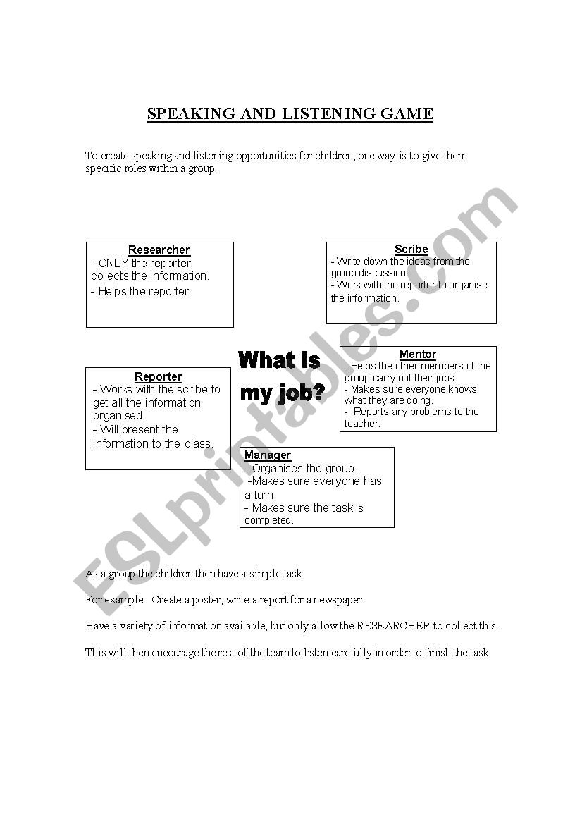 Speaking and Listening game worksheet