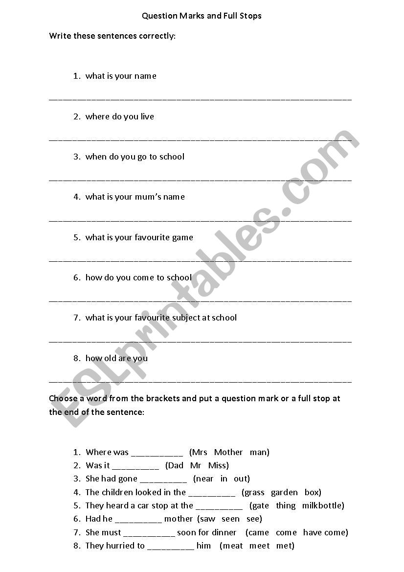 Question Marks and Full Stops worksheet